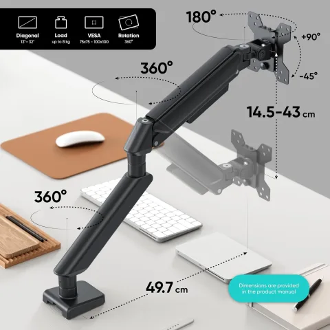 Xtrike Me HT-20 Heavy Duty Adjustable Single Monitor Desk Mount Arm - White/Black